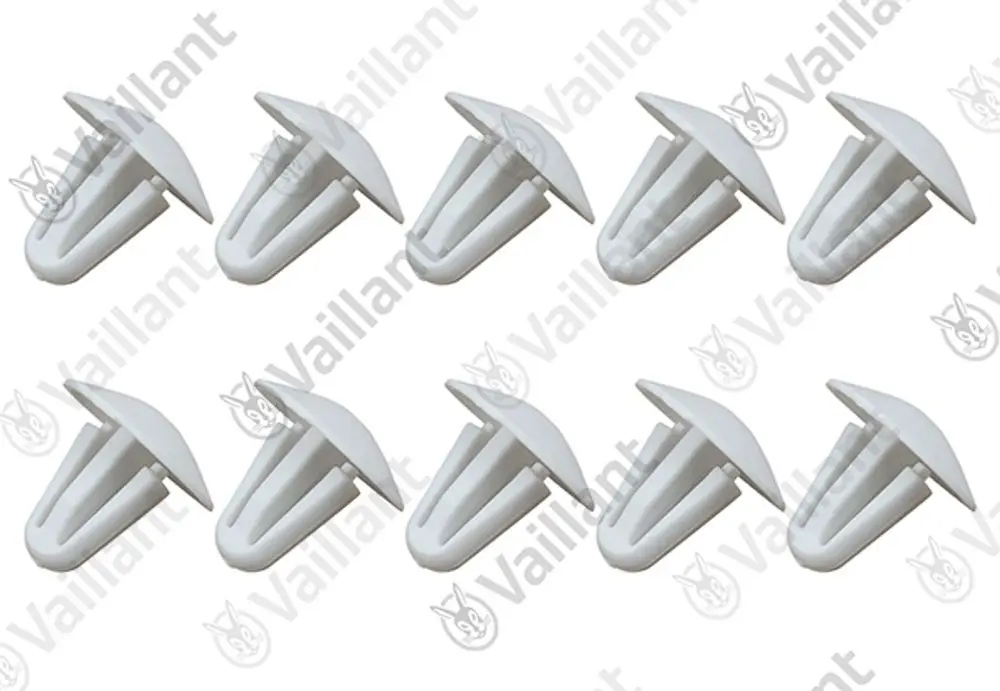 Weißer Stopfen im Set von 10 Stück, geeignet für Vaillant Produkte, mit halbrundem Kopf und mehreren Klammern zur Befestigung.